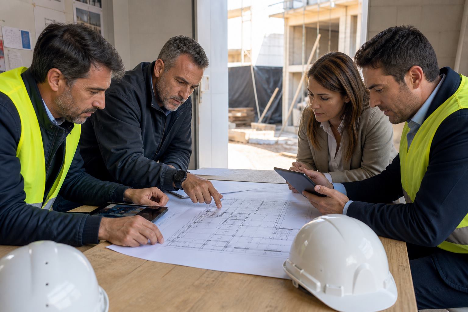 Dirección facultativa y agentes técnicos coordinando una obra nueva